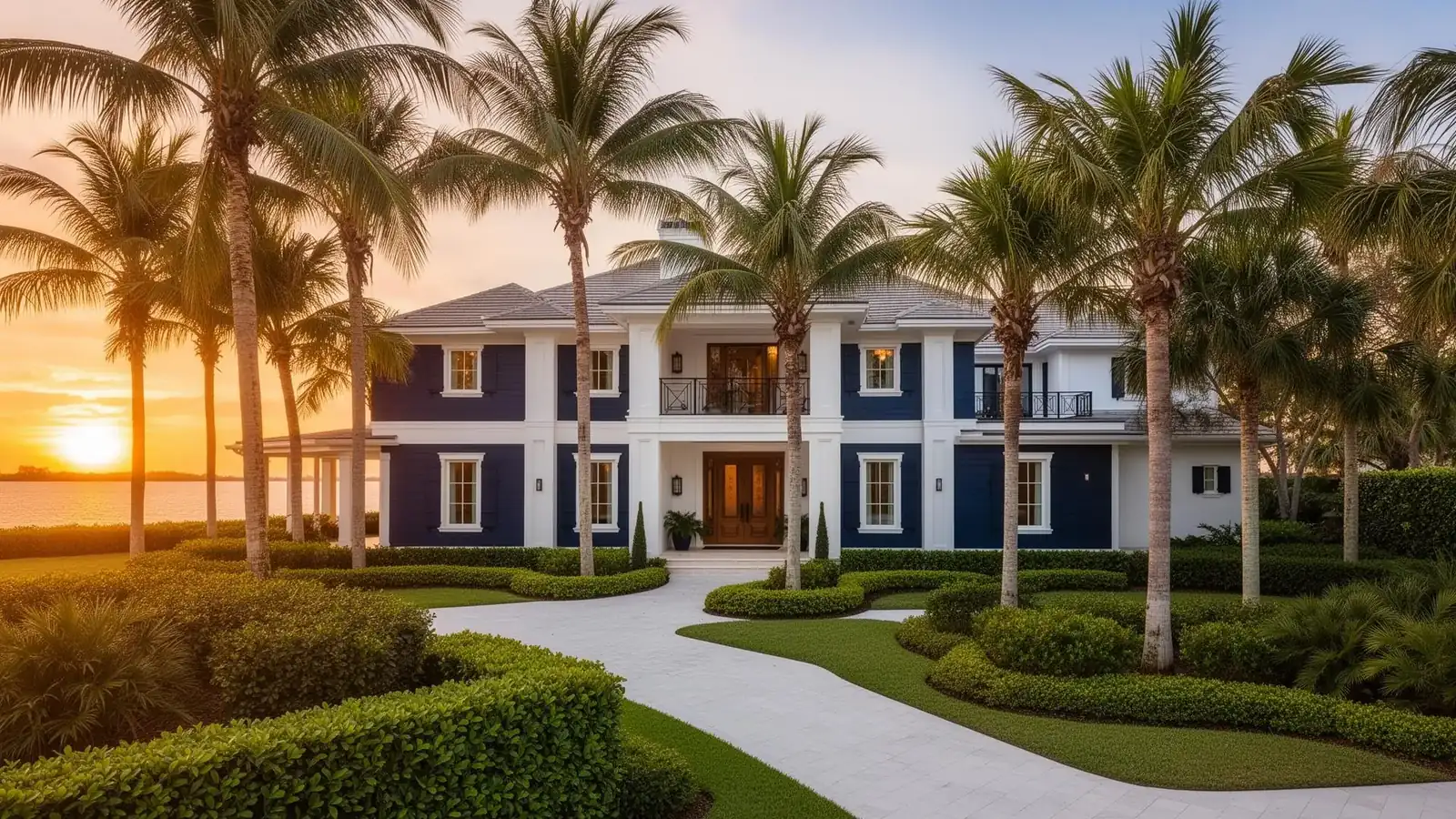 Luxury Sarasota waterfront home at sunset
